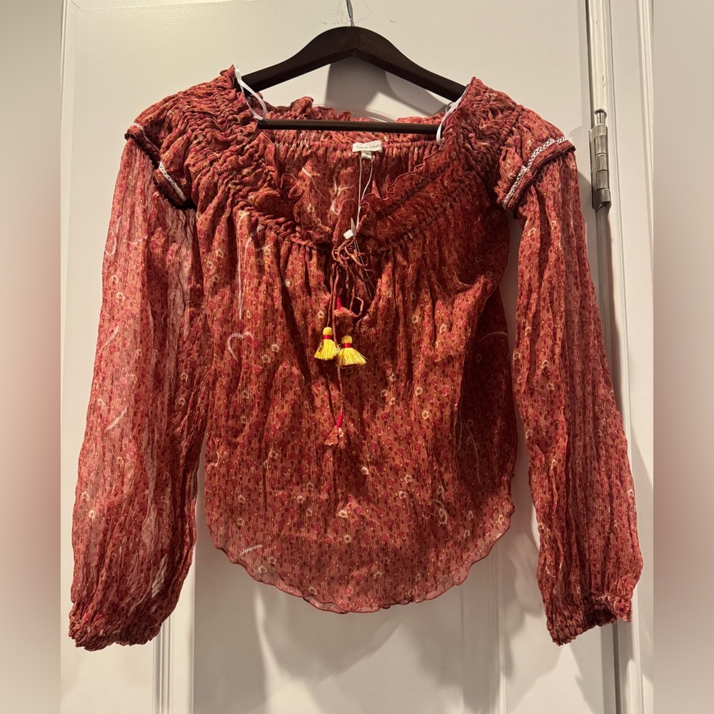 Poupette St Barth crop top Blouse Sheer Red/Orange Floral long sleeve  XS NWT